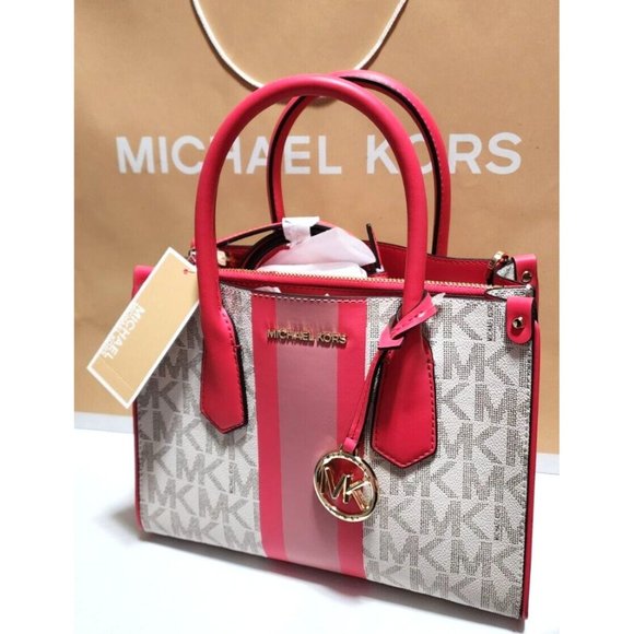 MICHAEL KORS CENTER STRIPE MAPLE SM SATCHEL TOTE Crossbody Geranium Pink - Picture 12 of 14